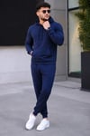 Erkek İki İplik Kapüşonlu Kanguru Cepli Sweatshirt Jogger Pantolon Alt Üst Eşofman Takımı - Lacivert