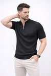 Erkek Kısa Kol Fitilli Triko T-Shirt Yazlık Hakim Yaka Tişört - Siyah