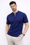 Erkek Kısa Kol Fitilli Triko T-Shirt Yazlık Hakim Yaka Tişört - Lacivert