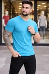 Erkek T-Shirt Bisiklet Yaka Slim Fit Dar Kesim Likralı Tişört Günlük Basic Body - Açık Mavi