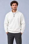 Erkek Üç İplik İçi Şardonlu Dik Yaka Yarım Fermuarlı Kışlık Sweatshirt - Beyaz
