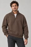 Erkek Üç İplik İçi Şardonlu Dik Yaka Yarım Fermuarlı Kışlık Sweatshirt - Kahverengi