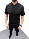 Erkek Yazlık Triko Saç Örgü Tişört Kısa Kol Polo Yaka Fermuarlı T-Shirt - Siyah
