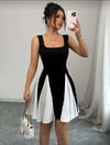 Kadın Kare Yaka çift Renk çan Etek Detay Mini Elbise