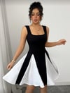 Kadın Kare Yaka çift Renk çan Etek Detay Mini Elbise
