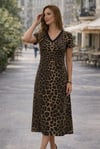 Kadın Kısa Kollu V Yakalı Leopar Desenli Kısa Süprem Elbise