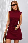 Kadın Kolsuz Yüksek Yakalı Bağcıklı Beli Büzgülü Kısa Ithal Krep Elbise