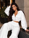 Kadın Taş Baskı Detaylı Fermuarlı Crop Sweatshirt Ve Geniş Paça Eşofman Takımı