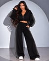 Kadın Taş Baskı Detaylı Fermuarlı Crop Sweatshirt Ve Geniş Paça Eşofman Takımı
