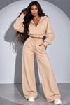Kadın Taş Baskı Detaylı Fermuarlı Crop Sweatshirt Ve Geniş Paça Eşofman Takımı