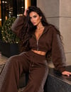Kadın Taş Baskı Detaylı Fermuarlı Crop Sweatshirt Ve Geniş Paça Eşofman Takımı