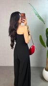 Kadın Tek Omuzdan Büzgü Detaylı Geniş Paçalı Uzun Sandy Tulum