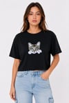 Kedi Baskılı Oversize Crop Tişört Salaş Basic Yarım Kol T-shirt - Siyah