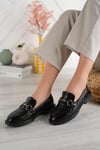 Aymood Kadın Siyah Zincir Tokalı Kalın Taban PU Deri Günlük Klasik Topuklu  Loafer Makosen Ayakkabı