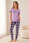 Pamuklu Penye Summer Baskılı Kısa Kollu Pijama Takımı Bisiklet Yaka Ekose Desenli - Lila