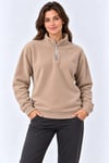 Polar Dik Yaka Yarım Fermuarlı Uzun Kollu Regular Fit Kışlık Sweatshirt - Bej