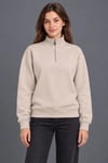 Üç İplik İçi Şardonlu Dik Yaka Yarım Fermuarlı Kışlık Sweatshirt - Bej