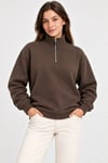Üç İplik İçi Şardonlu Dik Yaka Yarım Fermuarlı Kışlık Sweatshirt - Kahverengi