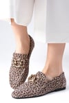 Myrcella Hakiki Deri Bej Renk Leopar Desenli Loafer-Düz Ayakkabı-Mio Gusto-01544LES