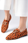 Myrcella Hakiki Süet Turuncu Renk Leopar Desenli Loafer-DÜZ AYAKKABI-Mio Gusto-01544LOS