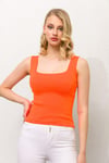 Büyük Beden Oranj Kare Yaka Askılı Crop Top Triko