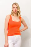 Büyük Beden Oranj Kare Yaka Askılı Crop Top Triko