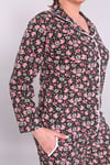 Ön Düğmeli Çiçek Desenli Siyah Pijama Takımı