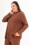 Trend42plus Büyük Beden Kapüşon Yaka Sweat Pantolon Kahverengi Takım 