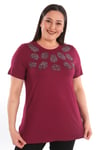 Trend42plus Crystal taşlı Kısa Kol Büyük Beden Viskoz Bordo Kadın T-Shirt