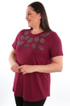 Trend42plus Crystal taşlı Kısa Kol Büyük Beden Viskoz Bordo Kadın T-Shirt