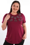Trend42plus Crystal taşlı Kısa Kol Büyük Beden Viskoz Bordo Kadın T-Shirt