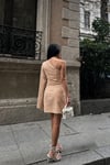 Bej Gül Detay Tek Kol Pelerinli Krep Kumaş Mini Elbise