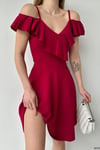 Bordo Askılı Omuz Fırfırlı Elbise