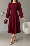 Bordo Balon Kol Bisiklet Yaka Basic Midi Boy İthal Krep Kumaş Elbise