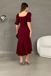Bordo Krep Kumaş Kare Yaka Balon Kol Balık Model Midi Boy Elbise 
