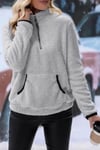 Gri Uzun Kollu Fermuar Ve Cepli  Peluş Sweatshirt