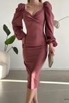 Gül Kurusu Prenses Kol Yırtmaç Detaylı Kalp Yaka Midi Boy Elbise