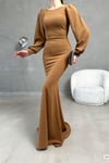Kahverengi Balon Kol Balık Model Maxi Boy İthal Krep Kumaş Elbise