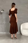 Kahverengi Krep Kumaş Kare Yaka Balon Kol Balık Model Midi Boy Elbise 