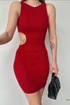 Kırmızı Bodycone Cut-out Mini Boy Simli Fukuro Kumaş Elbise