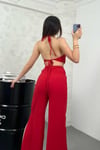 Kırmızı İthal Keten Kumaş Gizli Fermuarlı Yırtmaç Ve Sırt Dekolteli Maxi Boy Tasarım Tulum