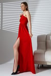 Kırmızı İthal Krep Kumaş Tek Omuz Uzun Yandan Yırtmaçlı Elbise