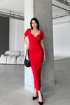 Kırmızı Kruvaze Yaka Kısa Kollu Krep Kumaş Midi Elbise