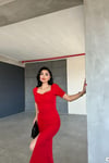 Kırmızı Önden Yırtmaçlı Düğme Detay Kısa Kollu Krep Elbise