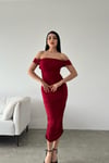 Kırmızı Sandy Kumaş Düşük Omuz Detay Drapeli Midi Boy Elbise