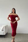 Kırmızı Sandy Kumaş Düşük Omuz Detay Drapeli Midi Boy Elbise