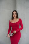 Kırmızı Sandy Kumaş Göğüs Glop Detaylı Yırtmaç Dekolteli Maxi Boy Elbise
