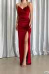 Kırmızı Simli Kadife Kumaş Askı Detaylı Elbise