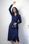 Lacivert Krep Kumaş Uzun Kollu Kuşaklı Midi Elbise