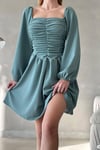 Mint Kare Yaka Drape Detay Ayarlanabilir Uzun Kol Krep Kumaş Elbise